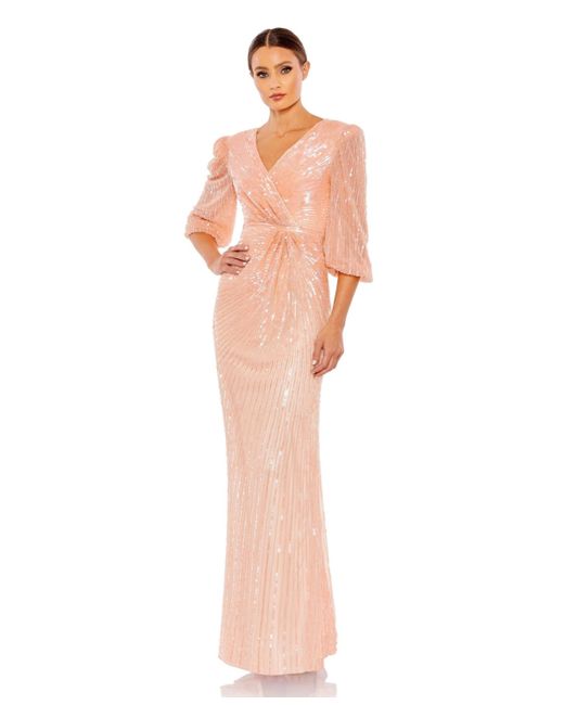 Mac Duggal Sequined Faux Wrap Puff Sleeve Gown