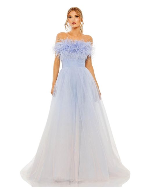 Mac Duggal Strapless Feather Hem Tulle Gown