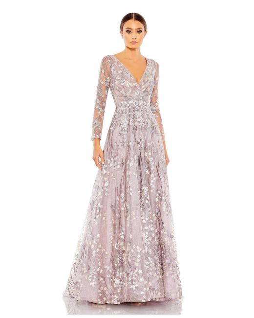 Mac Duggal Embellished Wrap Over Illusion Long Sleeve A Line Gown