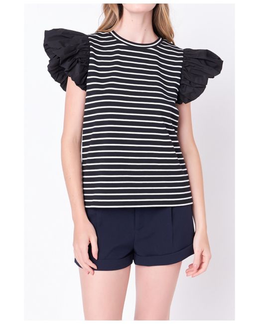 English Factory Stripe Knit with Poplin Puff Sleeve Top white
