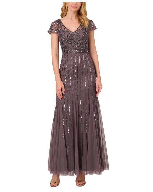 Adrianna Papell Embellished V-Neck Godet Gown