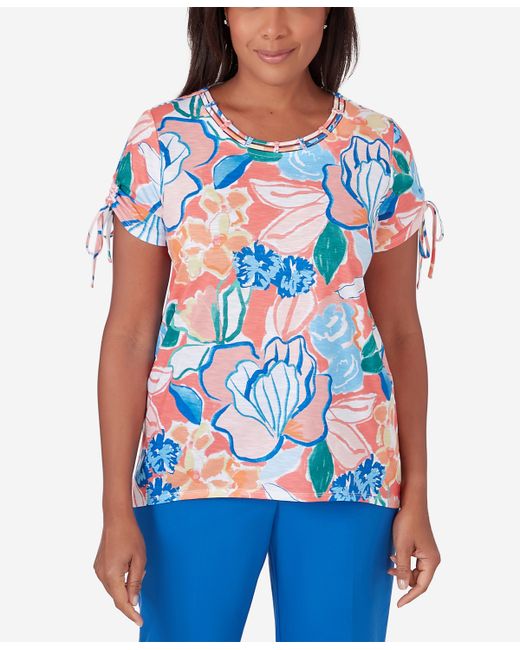 Alfred Dunner Neptune Beach Whimsical Floral Top with Side Ties