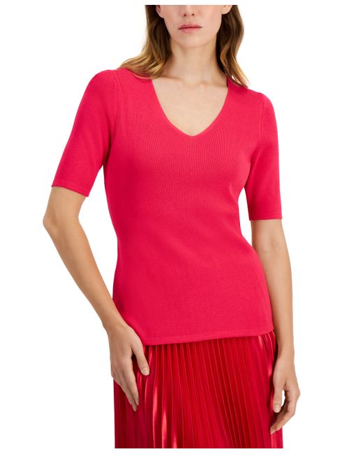 AK Anne Klein Petite Half-Sleeve V-Neck Fitted Sweater