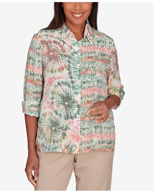Alfred Dunner Petite Tuscan Sunset Tie Dye Button Down Blouse