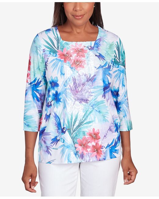 Alfred Dunner Petite Classic Brights Tropical Birds Lace Paneled Top