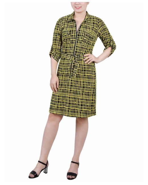 Ny Collection Petite Belted Roll Tab Zip Front Shirtdress