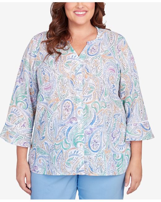 Alfred Dunner Plus Classic Pastels Paisley Flutter Sleeve Button Front Top