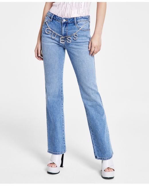 Guess Embellished-Chain Straight-Leg Denim Jeans