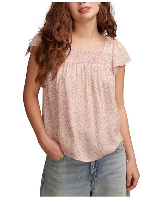 Lucky Brand Smocked Square-Neck Flutter-Sleeve Top
