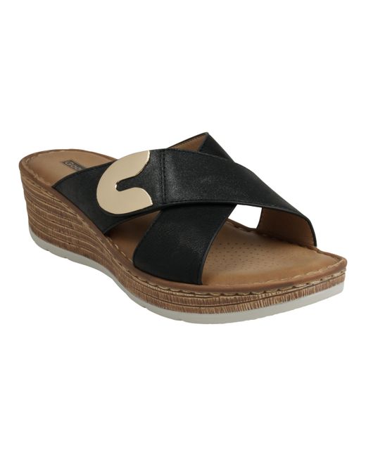 GC Shoes Cross Strap Hardware Slip-On Wedge Sandals