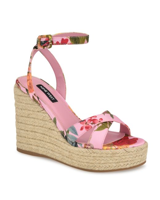 Nine West Earnit Round Toe Ankle Strap Wedge Sandals