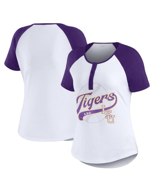 Wear By Erin Andrews Distressed Lsu Tigers Baseball Logo Raglan Henley T-shirt