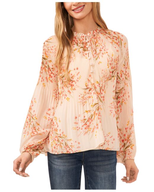 Cece Pleated Floral-Print Long-Sleeve Top