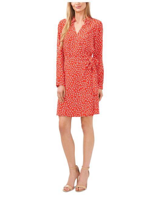 Cece Printed Collared Faux Wrap Long Sleeve Dress
