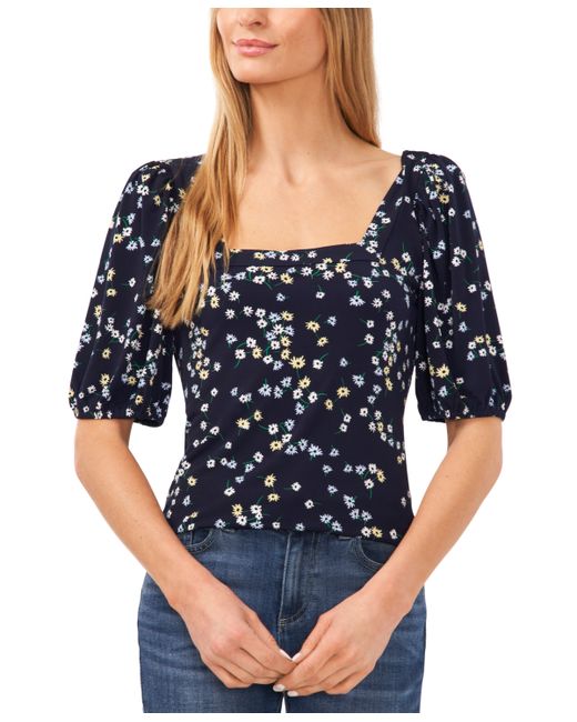 Cece Floral Square-Neck Puff-Sleeve Knit Top