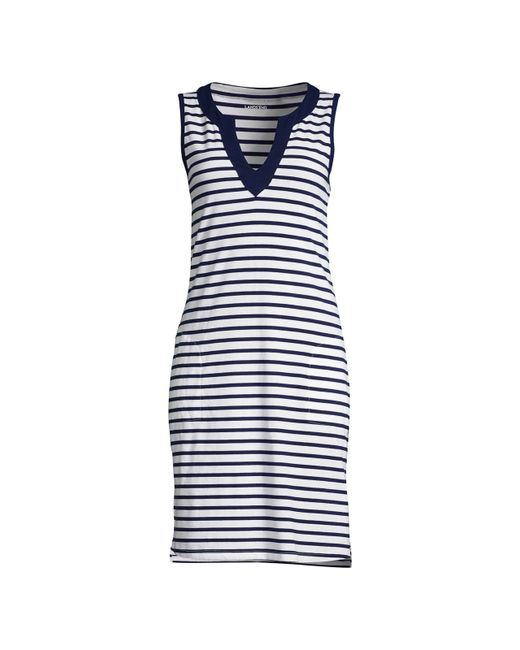 Lands' End Jersey Sleeveless Swim Cover-up Dress Print deep sea stripe