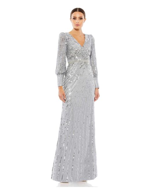 Mac Duggal Sequined Wrap Over Bishop Sleeve Gown