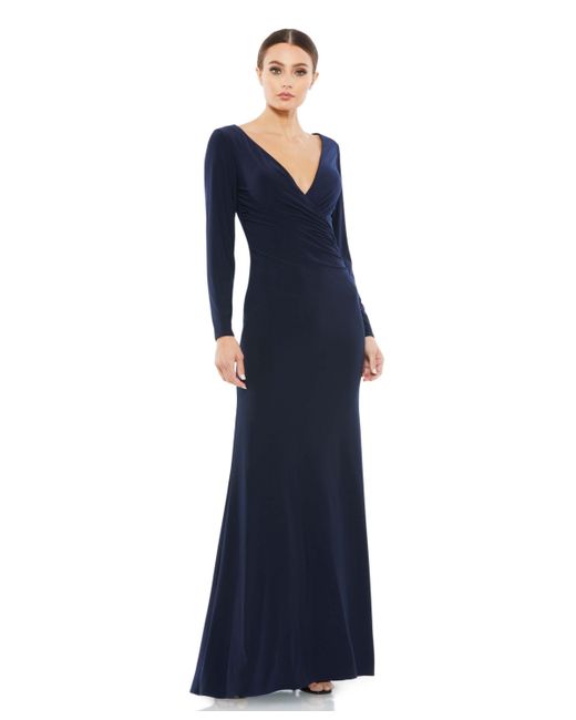 Mac Duggal Ieena Long Sleeve Ruched Jersey V-Neck Gown