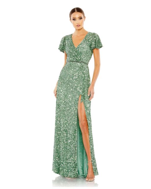 Mac Duggal Sequined Wrap Over Butterfly Sleeve Draped Gown