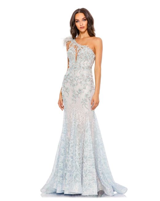 Mac Duggal Embroidered Applique Feathered One Shoulder Gown
