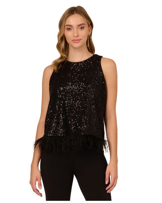 Adrianna Papell Sequin Feather-Trim Top