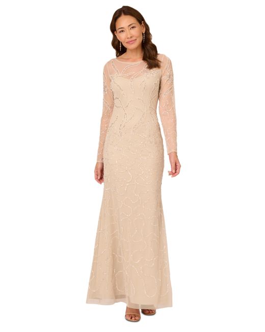 Adrianna Papell Beaded Long-Sleeve Gown