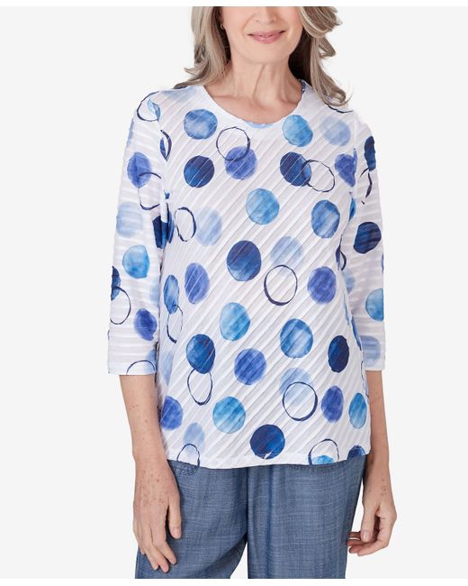 Alfred Dunner Petite Blue Bayou Dotted Three Quarter Sleeve Top