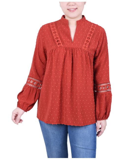 Ny Collection Petite Long Sleeve Blouse with Crochet Trim