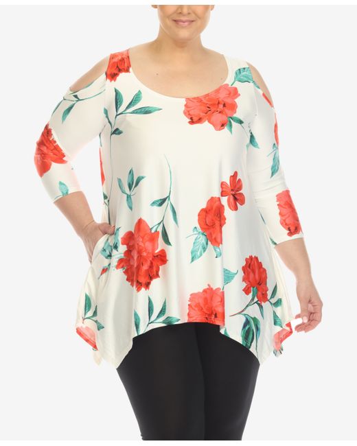 White Mark Plus Floral Printed Cold Shoulder Tunic Top Red