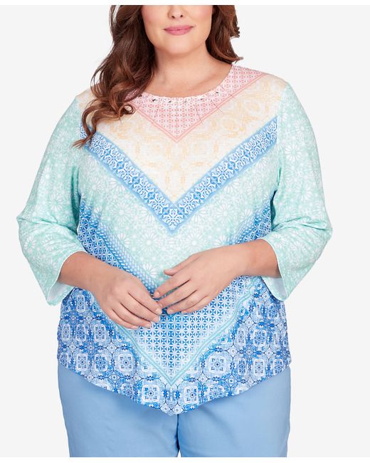 Alfred Dunner Plus Classic Pastels Pleated Neck Chevron Top