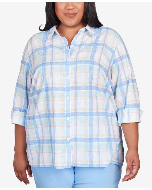 Alfred Dunner Plus Classic Pastels Cool Plaid Button Down Top