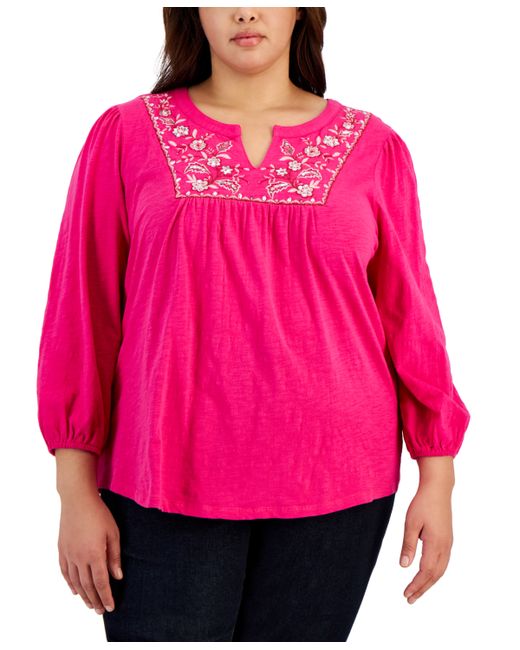 Style & Co Plus Embroidered Split-Neck Top Created for