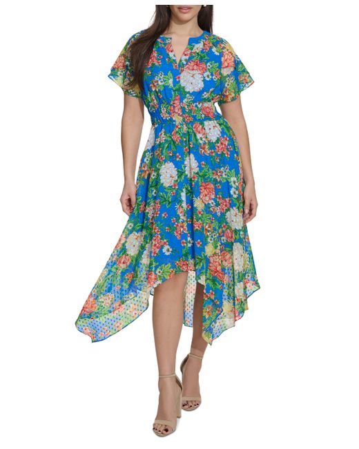 Kensie Floral-Print Clip-Dot Midi Dress
