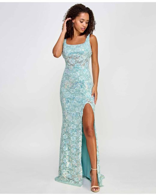 City Studios Juniors Embellished Lace Square-Neck Gown
