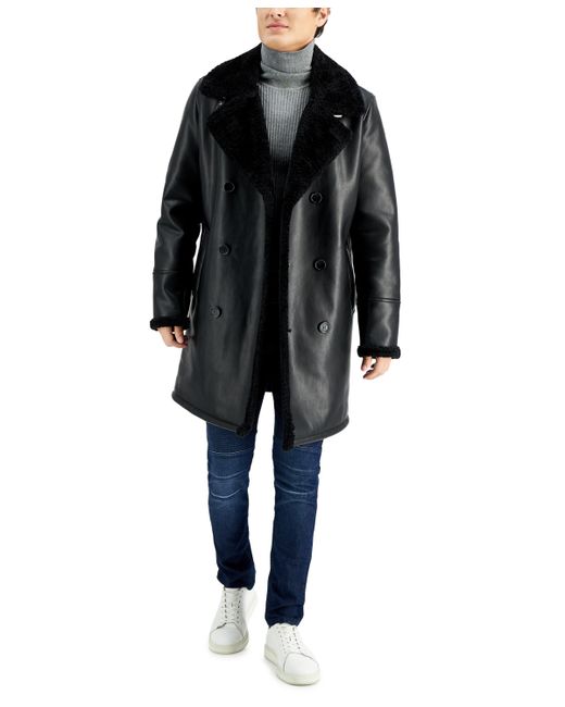 Guess Long Pleather Double Breasted Coat with Faux Shearling Cuff and Collar