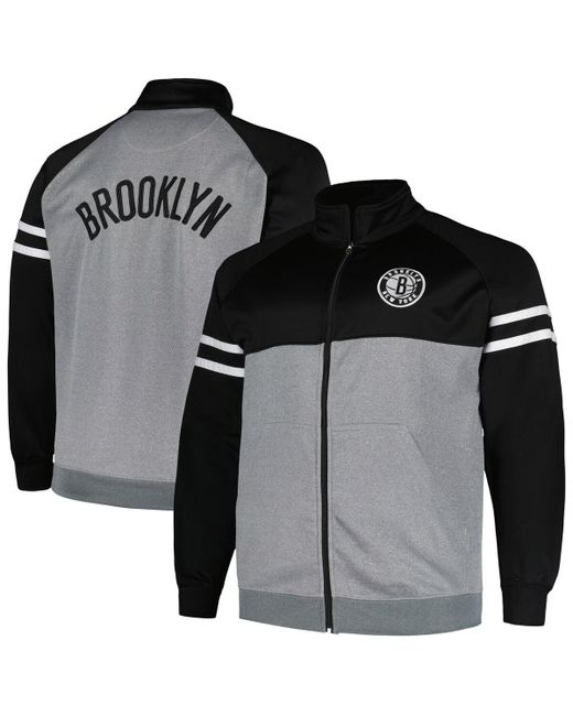Fanatics Heather Gray Brooklyn Nets Big and Tall Pieced Stripe Raglan Full-Zip Track Jacket