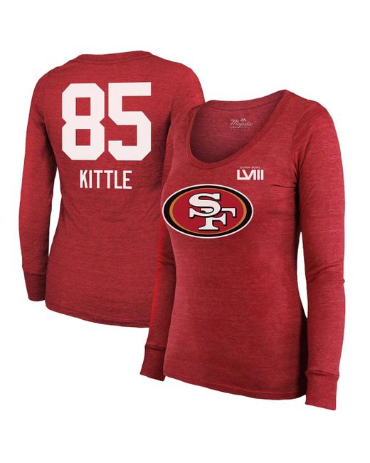 Majestic Threads George Kittle San Francisco 49ers Super Bowl Lviii Scoop Name and Number Tri-Blend Long Sleeve T-shirt