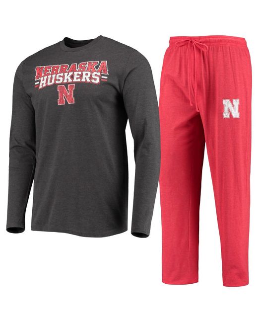Concepts Sport Heathered Charcoal Distressed Nebraska Huskers Meter Long Sleeve T-shirt and Pants Sleep Set Charco