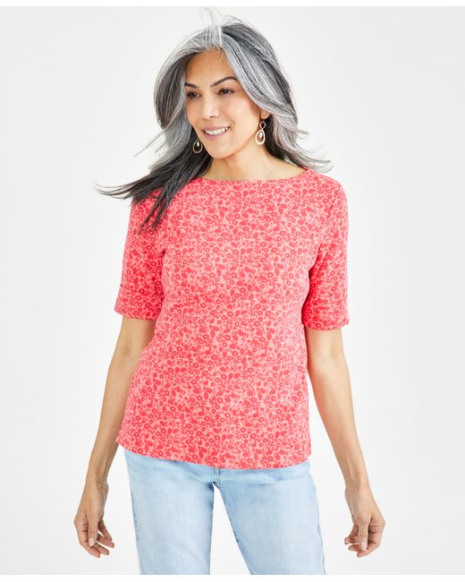 Style & Co Printed Boat-Neck Elbow-Sleeve Knit Top Created for Macy