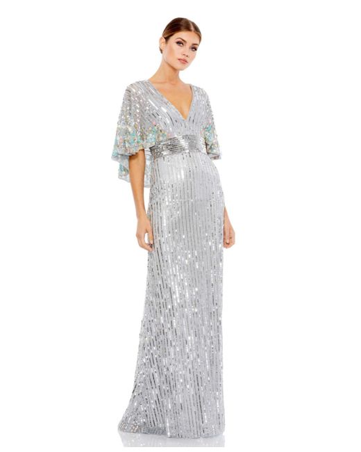 Mac Duggal Sequined V Neck Embellished Cape Sleeve Gown