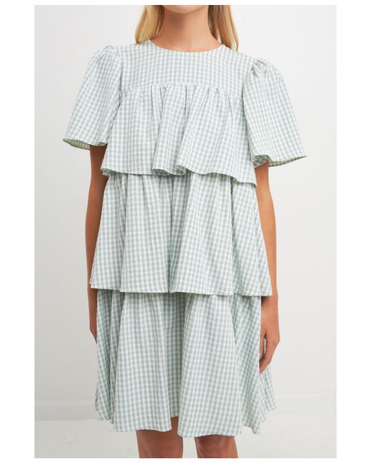 English Factory Gingham Print Tiered Dress white
