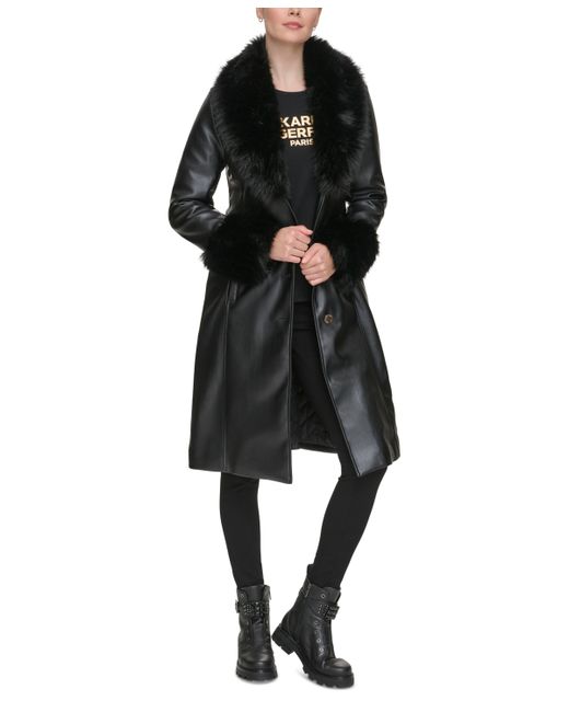 Karl Lagerfeld Faux-Fur-Trim Faux-Leather Coat
