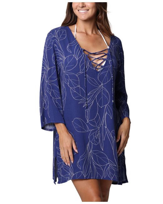 J Valdi Printed Lace-Up Cover-Up Tunic beige
