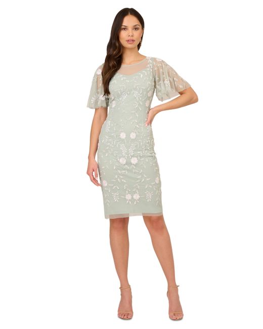 Adrianna Papell Embellished Flutter-Sleeve Sheath Dress Ivory