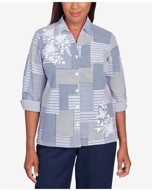 Alfred Dunner A Fresh Start Embroidered Stripe Patch Button Down Top