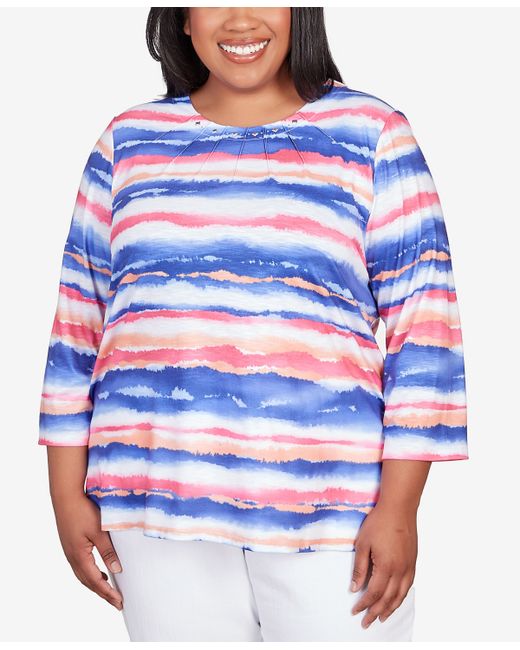 Alfred Dunner Plus Classic Brights Watercolor Stripe Pleated Neck Top