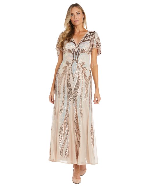 R & M Richards Sequin Embellished Flutter-Sleeve V-Neck Gown
