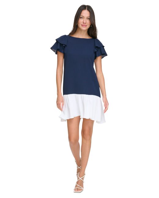 Dkny Colorblocked Flutter-Sleeve Dress Cream