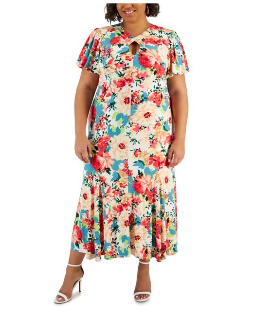 Taylor Plus Floral-Print Keyhole Midi Dress