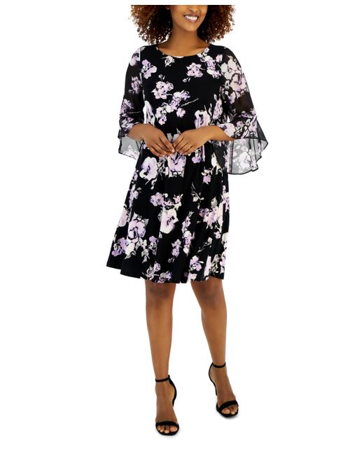 Kasper Floral-Print Flutter-Sleeve Swing Dress Lavendar Mist Multi